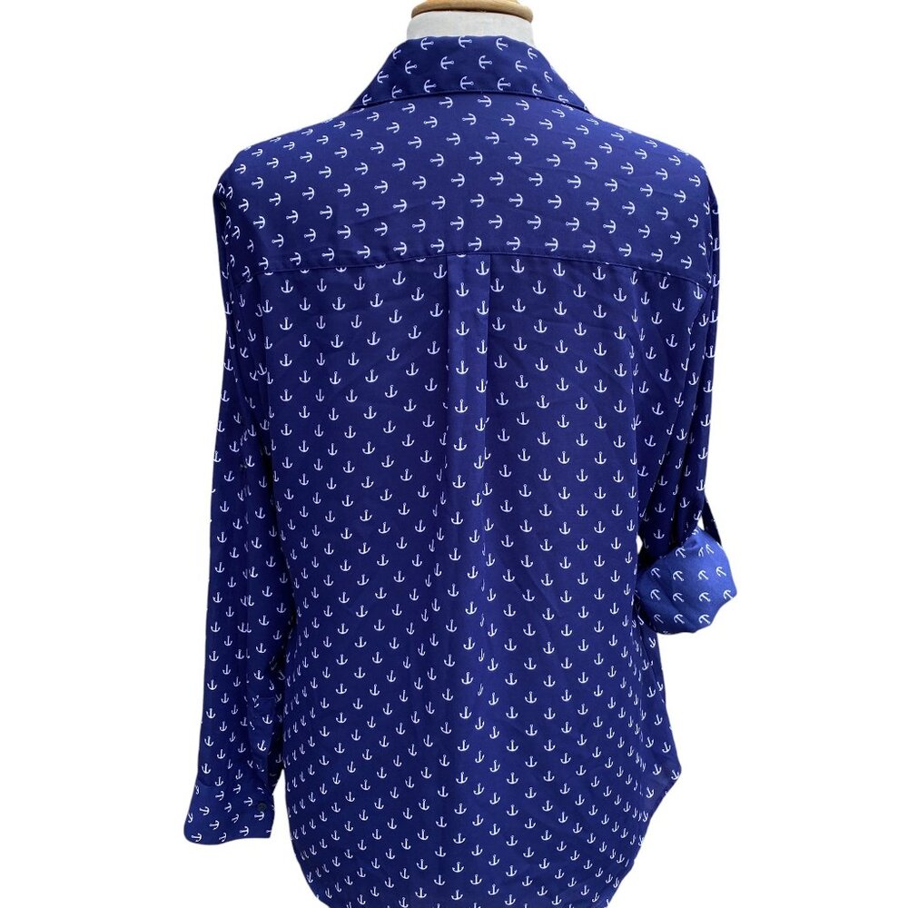 Express The Portofino Shirt Blue Nautical Anchor Print Roll Tab Coastal Preppy-L - Picture 12 of 15